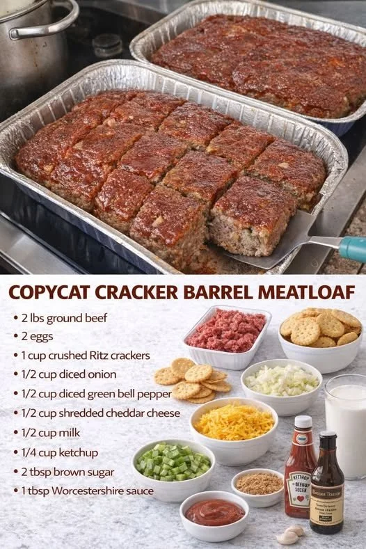 Delicious homemade Cracker Barrel meatloaf served with sides.