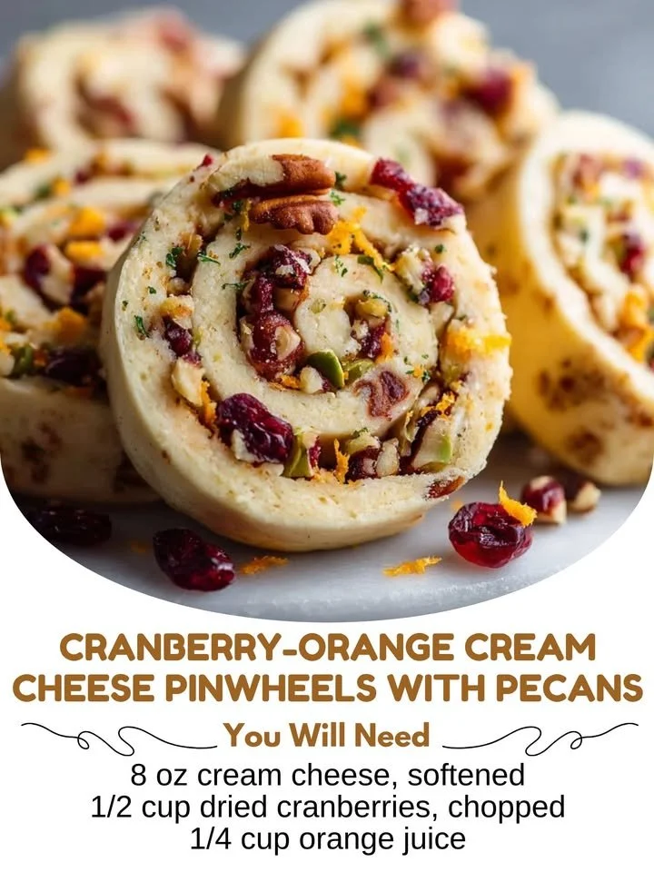 Cranberry-orange cream cheese pinwheels with pecans on a serving platter