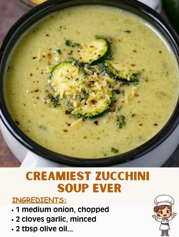 Creamiest zucchini soup topped with fresh herbs in a bowl