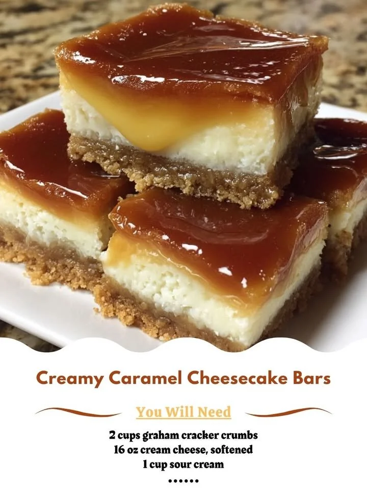 Delicious creamy caramel cheesecake bars topped with caramel sauce