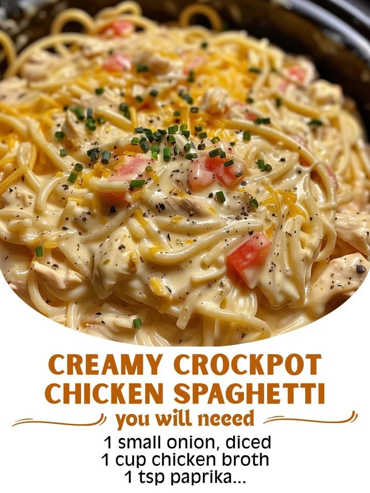 Creamy crockpot chicken spaghetti dish served hot in a bowl