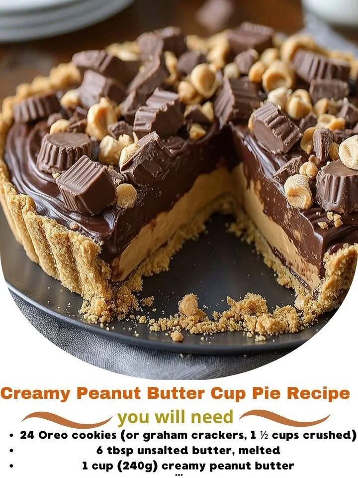 Creamy peanut butter cup pie topped with chocolate and peanut butter swirls.