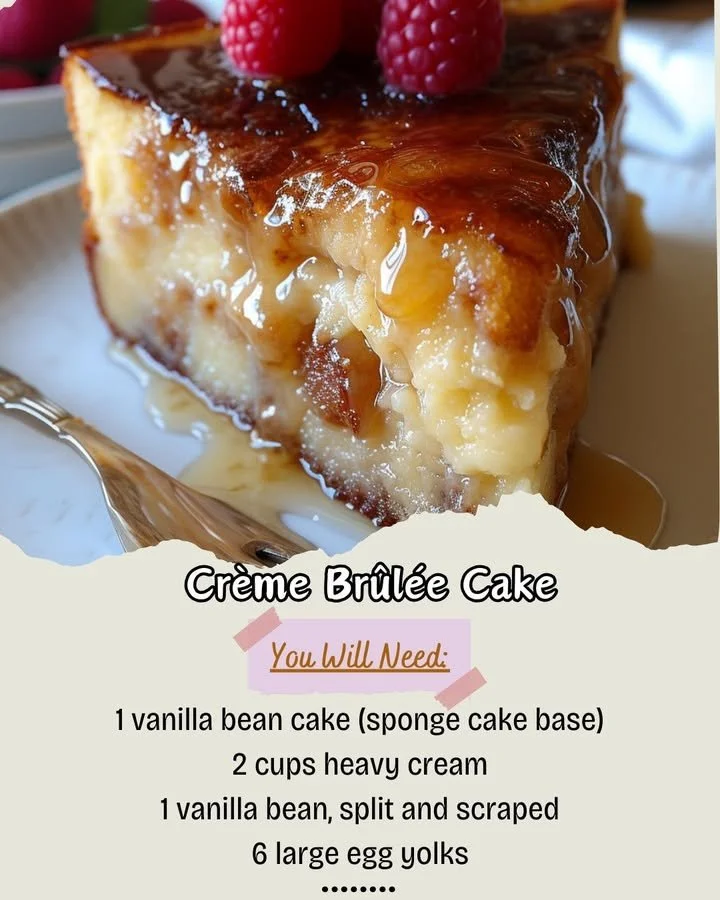 Delicious Crème Brûlée Cake with a caramelized sugar crust and creamy filling.