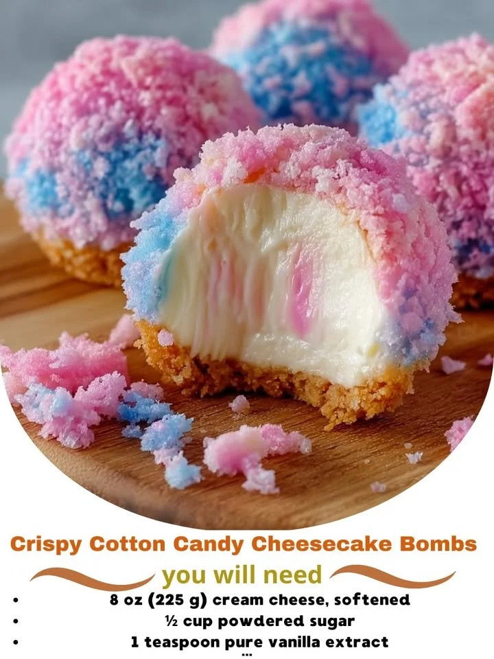 Crispy cotton candy cheesecake bombs served on a dessert plate