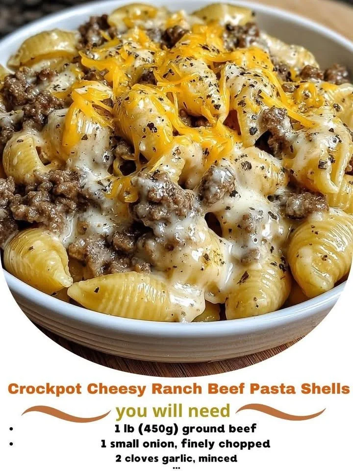 Crockpot Cheesy Ranch Beef Pasta Shells served in a bowl