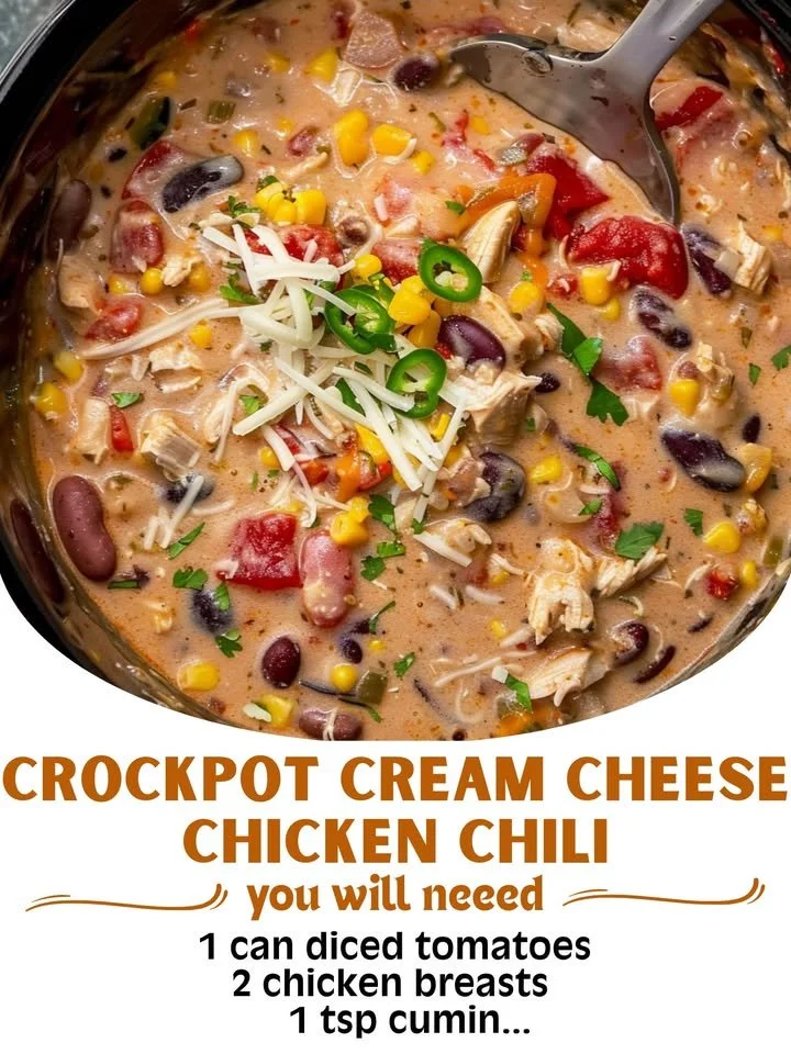 Delicious Crockpot Cream Cheese Chicken Chili in a bowl with garnishes.