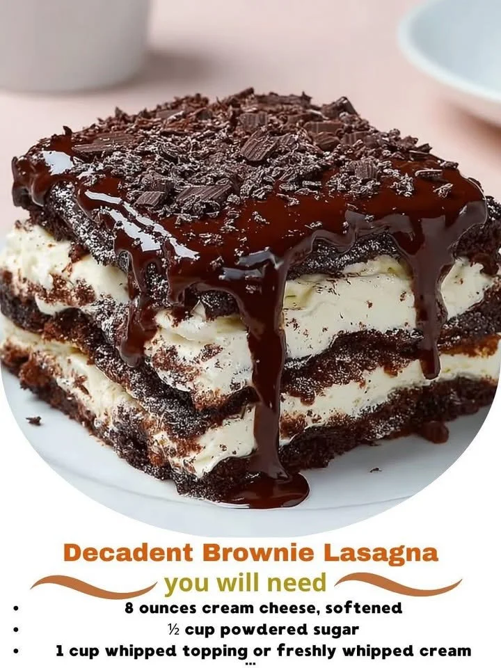 Slice of decadent brownie lasagna layered with chocolate and cream