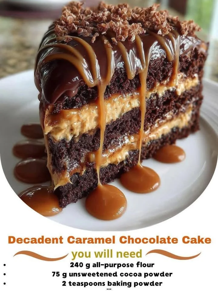Decadent Caramel Chocolate Cake with rich chocolate frosting and caramel drizzle.