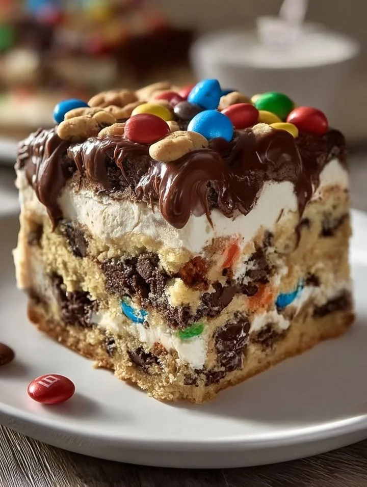 Decadent Chocolate Ice Cream Cake with M&M's and cookie dough