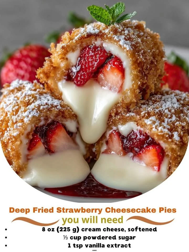 Deep fried strawberry cheesecake pies with a crispy coating and creamy filling