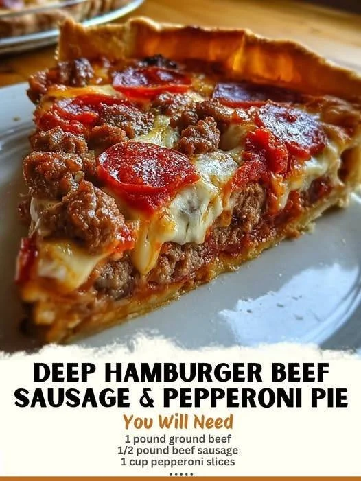 Deep Hamburger Beef Sausage and Pepperoni Pie served on a plate