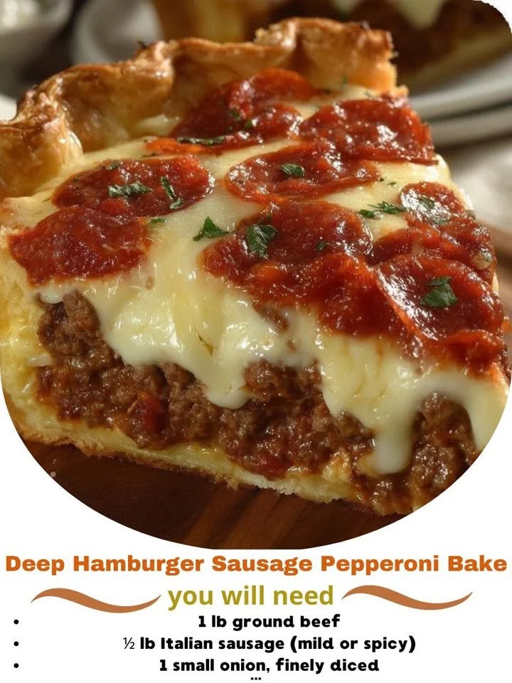 Delicious deep hamburger sausage pepperoni bake ready to serve.