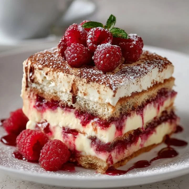 Delicious raspberry tiramisu dessert served on a plate with fresh raspberries.