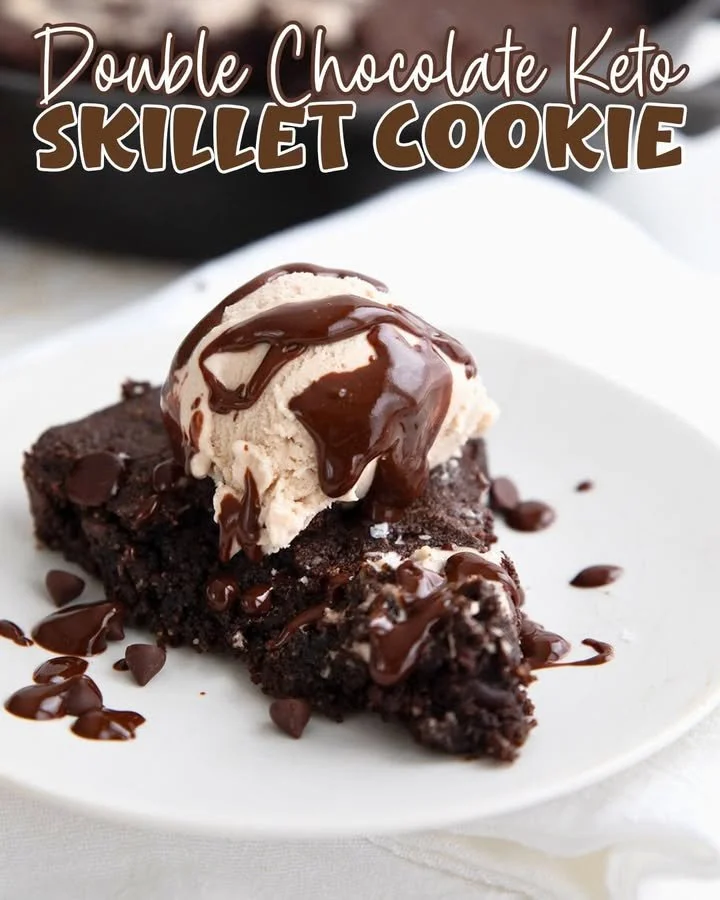 Delicious double chocolate keto skillet cookie in a cast iron pan