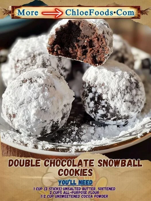 Delicious double chocolate snowball cookies dusted with powdered sugar.
