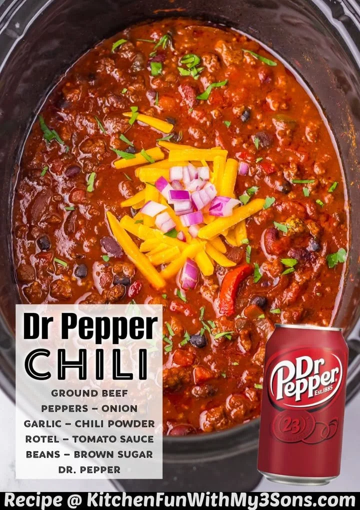 Bowl of Dr Pepper Chili topped with herbs and cheese