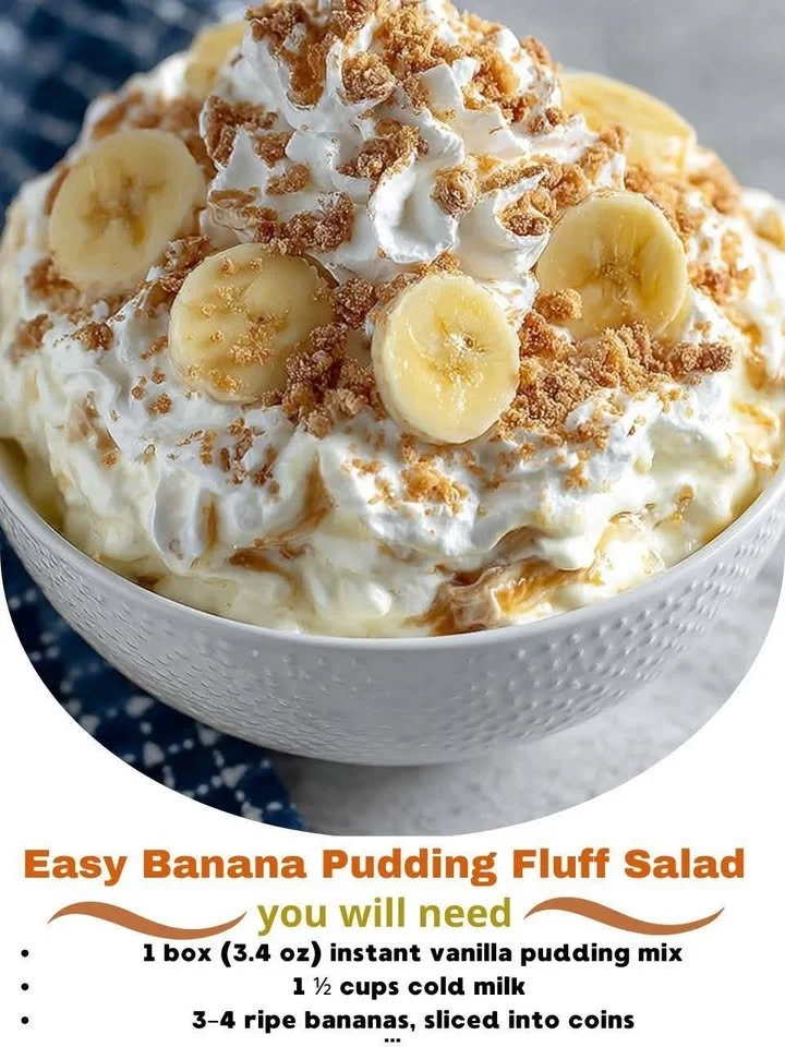 Delicious Easy Banana Pudding Fluff Salad served in a bowl with fresh banana slices.
