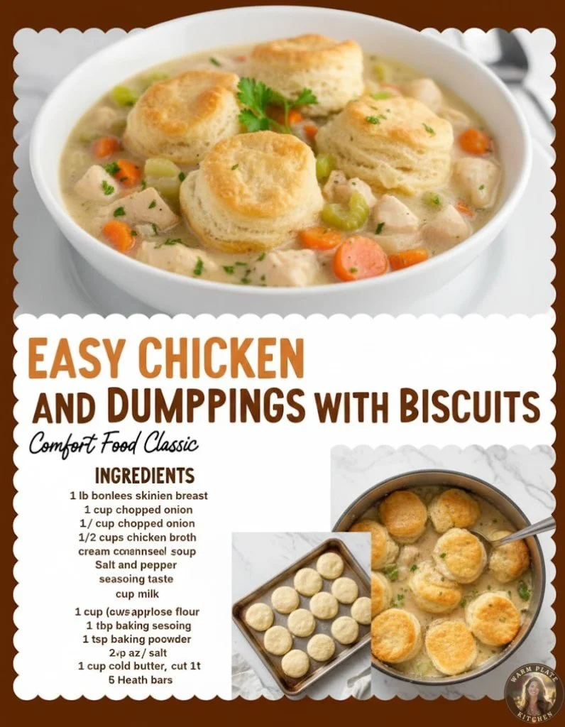 Easy chicken and dumplings with biscuits recipe on a dinner table