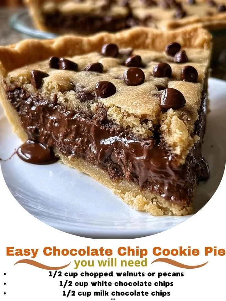 Delicious easy chocolate chip cookie pie served warm with chocolate chips