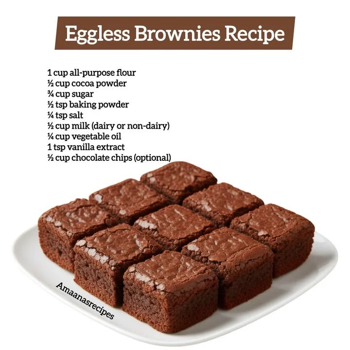 Delicious eggless brownies on a plate, rich and fudgy dessert option.