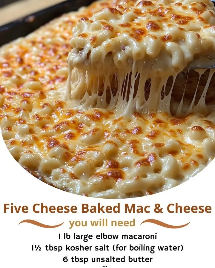 Creamy Five Cheese Baked Macaroni and Cheese dish ready to serve.