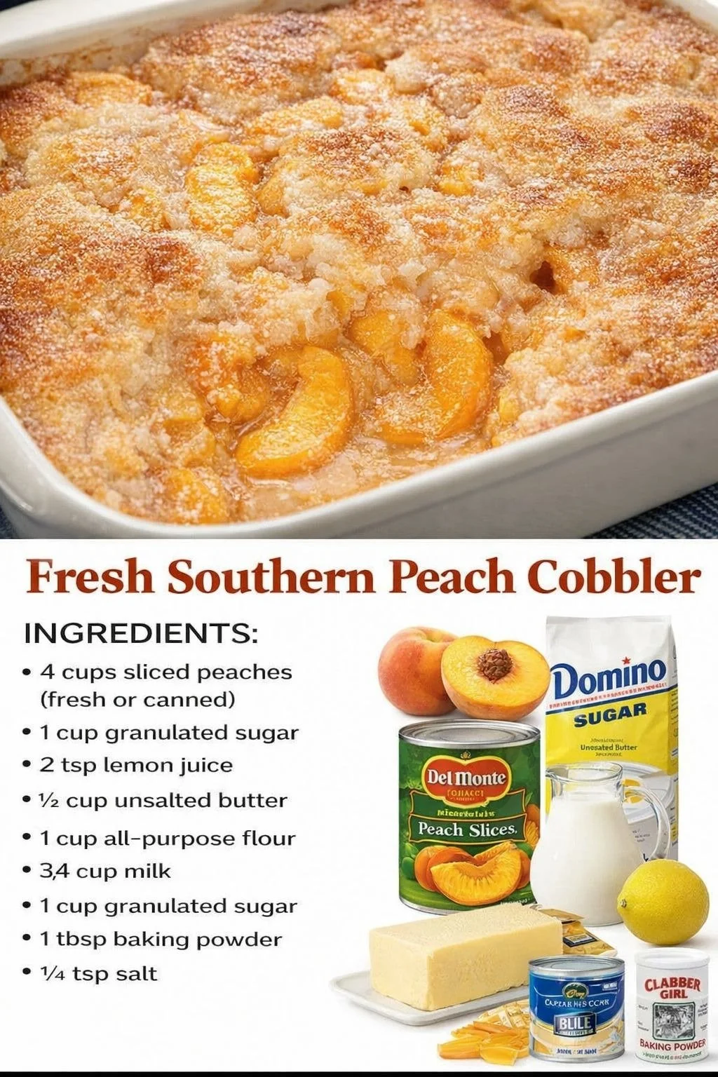 Delicious fresh Southern peach cobbler served warm with ice cream