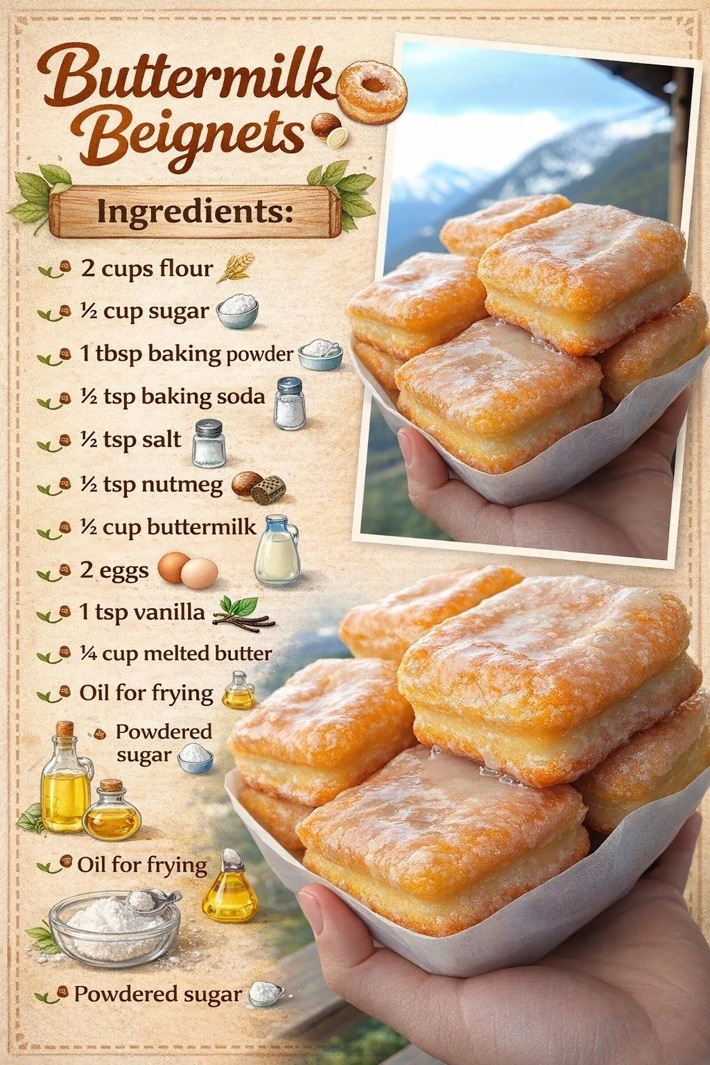 A plate of delicious homemade fried doughnuts topped with powdered sugar.