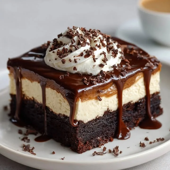 Fudgy brownie dessert with coffee cream ganache topping