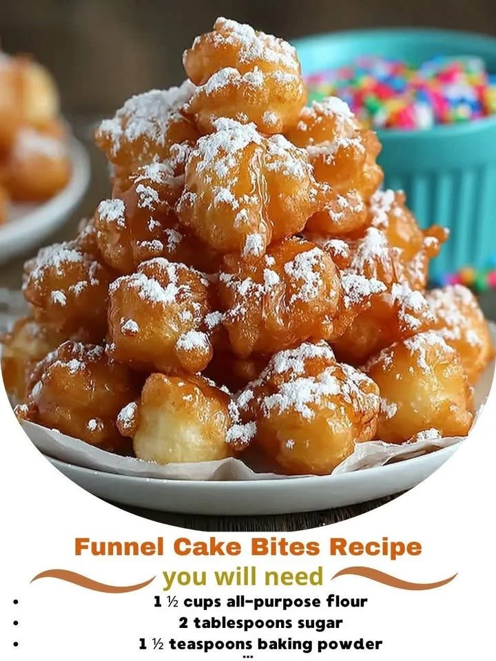 Delicious funnel cake bites served with powdered sugar topping.