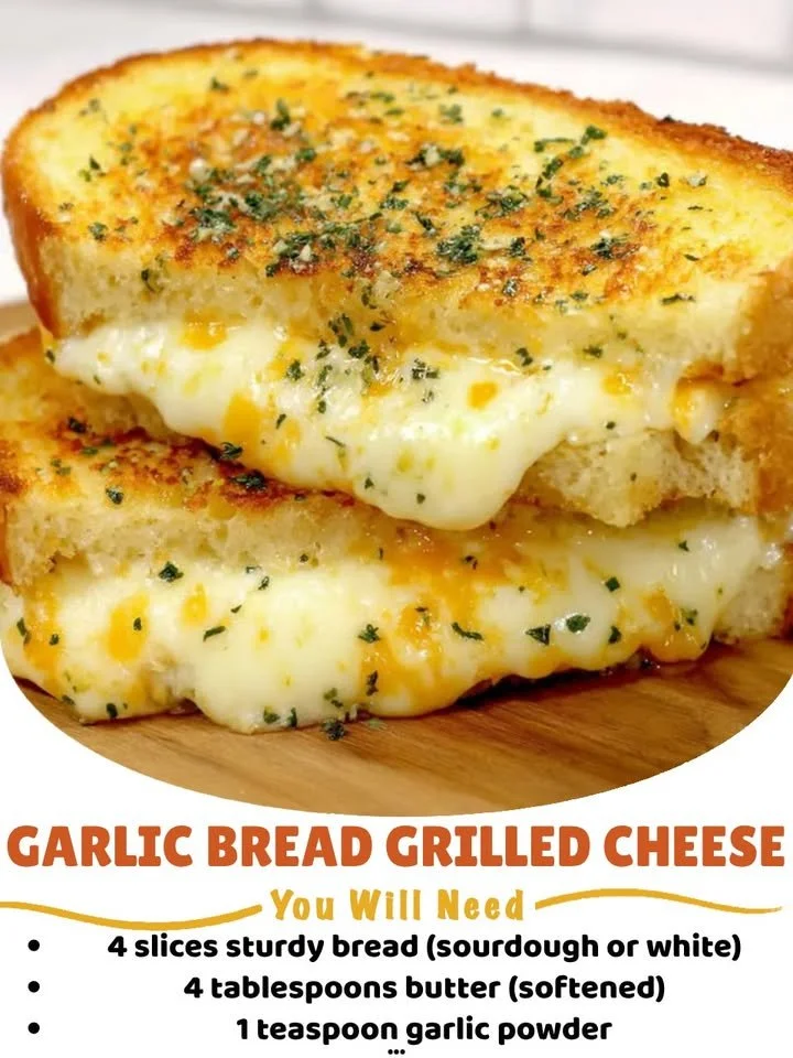 Delicious garlic bread grilled cheese sandwich, melted cheese oozing from crispy garlic bread