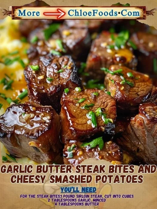 Garlic Butter Steak Bites served with Cheesy Smashed Potatoes