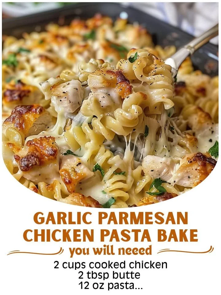 Baked Garlic Parmesan Chicken Pasta served in a casserole dish with herbs