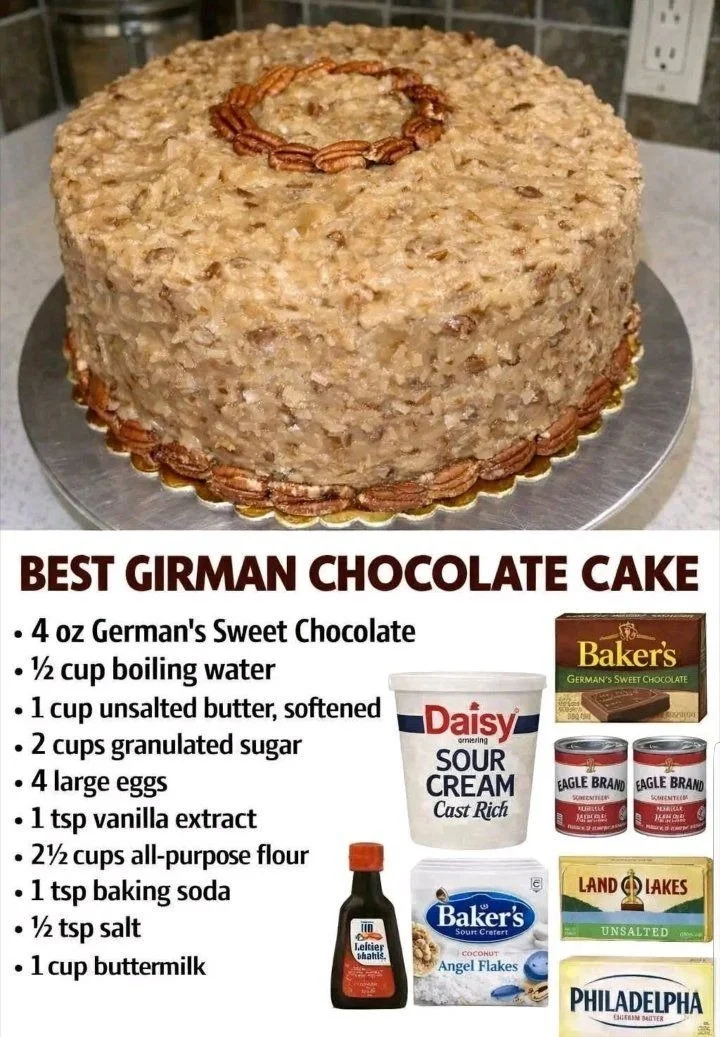 Slice of homemade German Chocolate Cake with coconut pecan frosting