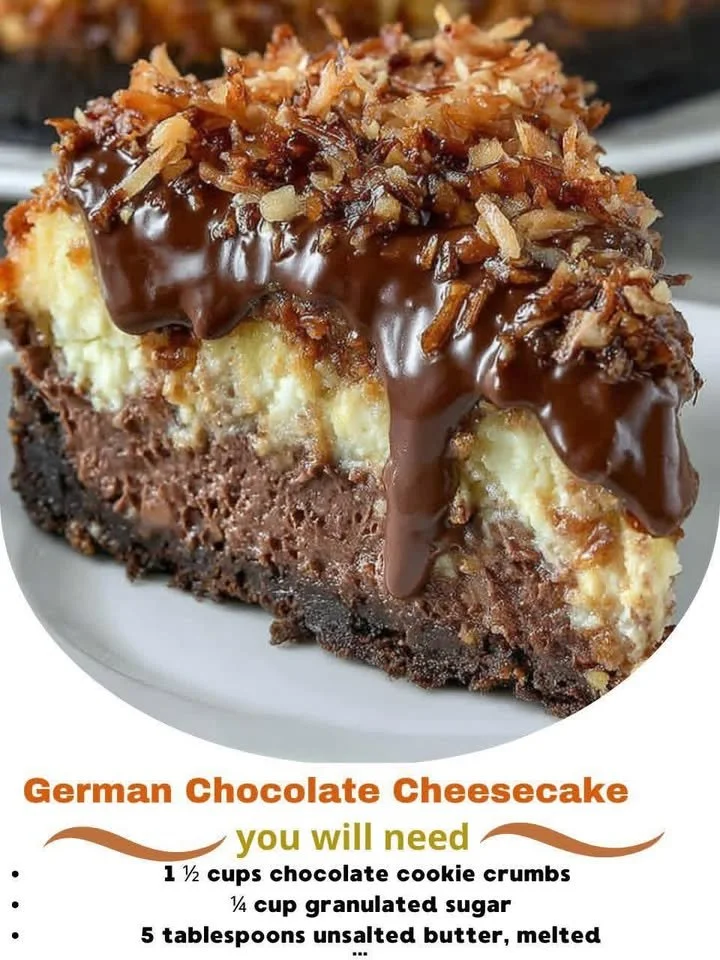 Slice of decadent German Chocolate Cheesecake with chocolate and coconut topping.