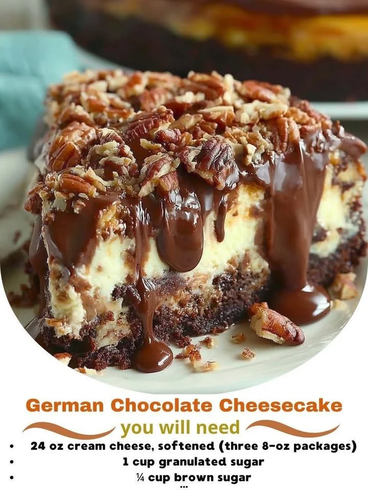 Slice of German chocolate cheesecake topped with coconut and pecans