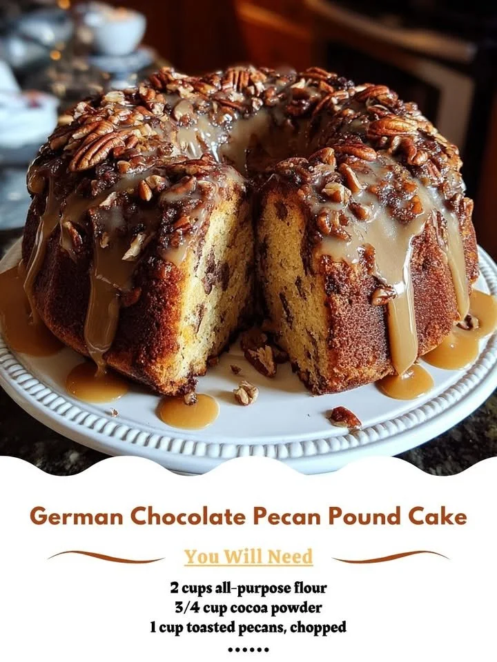Slice of German Chocolate Pecan Pound Cake with chocolate frosting and pecans