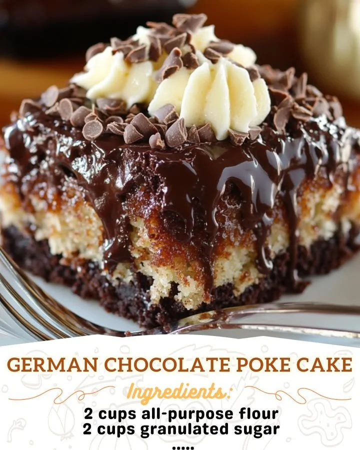 Delicious German Chocolate Poke Cake topped with creamy coconut and pecan frosting