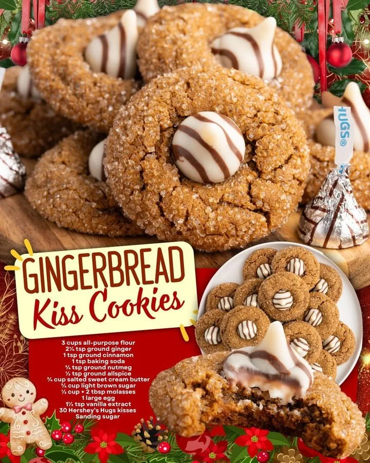 Plate of gingerbread kiss cookies with chocolate kisses on top