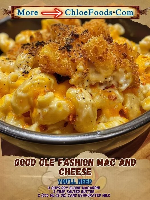 Bowl of good old fashioned mac and cheese topped with melted cheese
