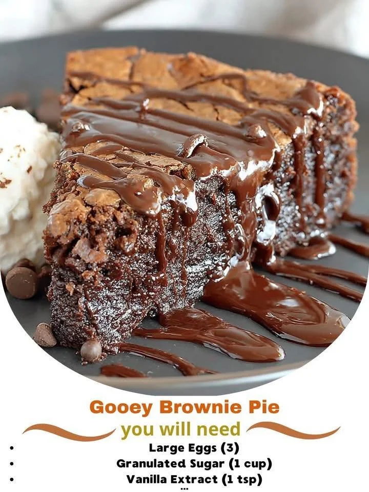 Gooey brownie pie with a rich chocolate texture and a slice taken out