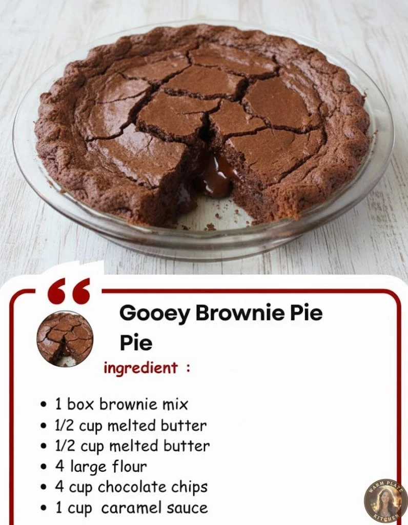 Delicious gooey brownie pie topped with chocolate and whipped cream
