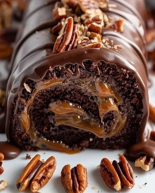 Gooey chocolate caramel turtle cake roll topped with nuts and drizzled with caramel