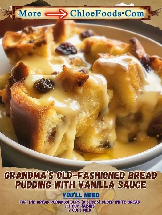 Grandma's old-fashioned bread pudding served with vanilla sauce