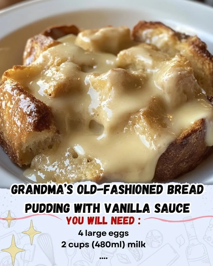 Grandma's old-fashioned bread pudding served with vanilla sauce