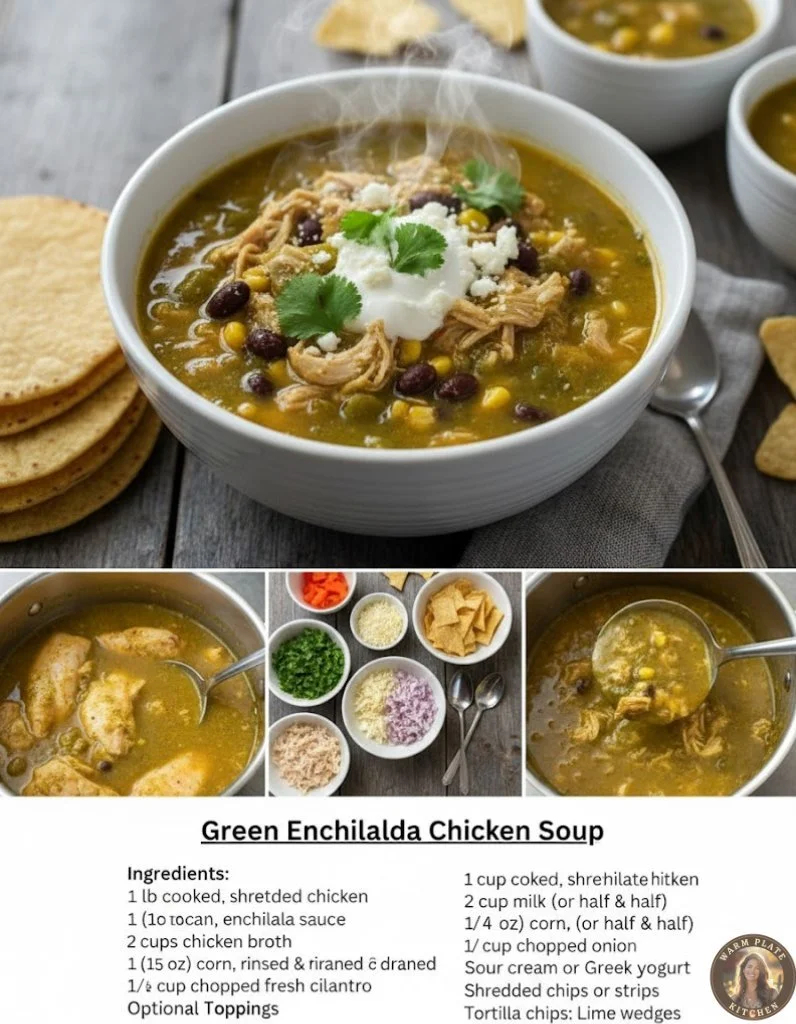 Bowl of green enchilada chicken soup with toppings