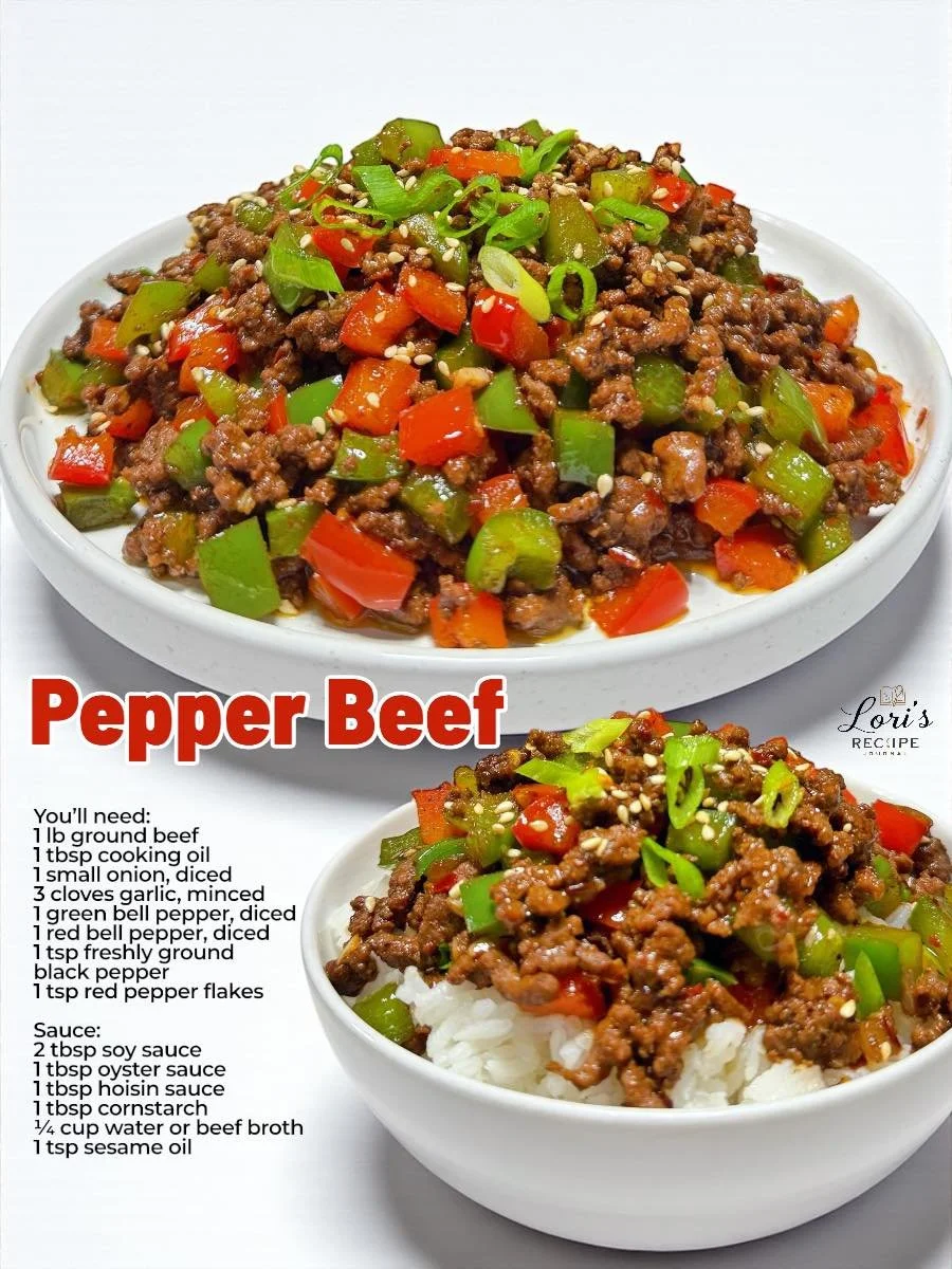 Delicious plate of ground beef pepper stir-fry with colorful peppers and rice