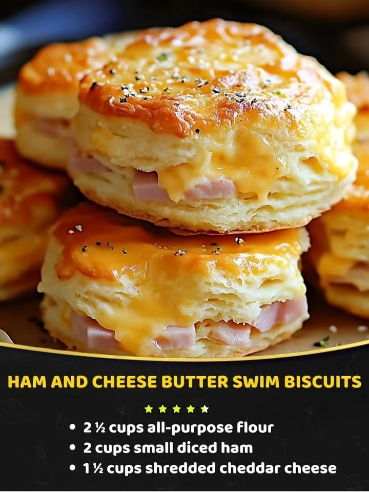 Delicious Ham and Cheese Butter Swim Biscuits served on a plate.