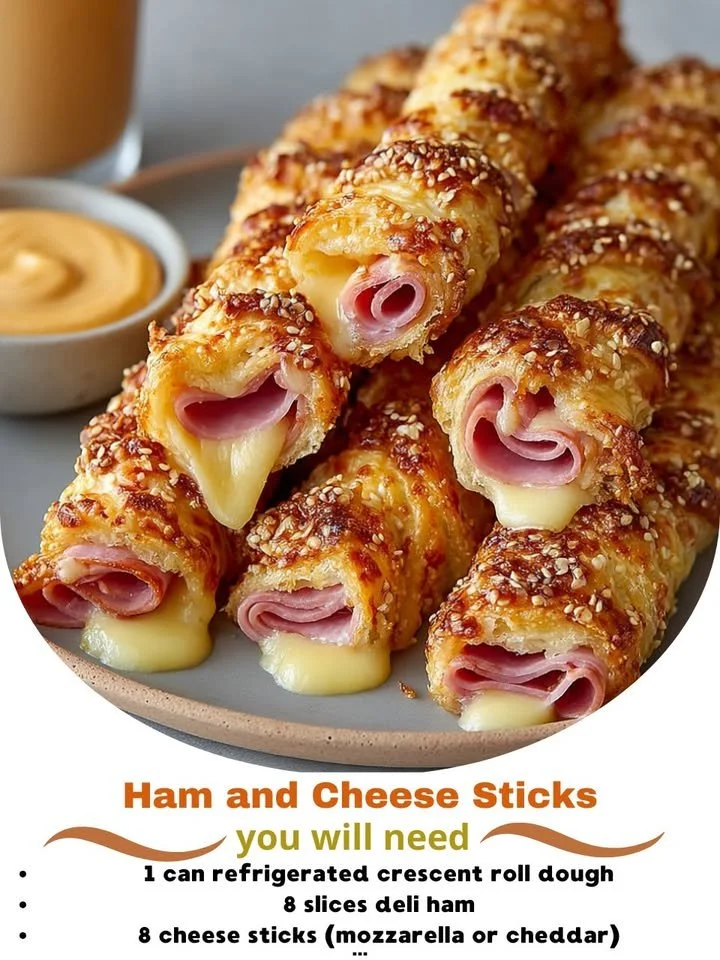Homemade ham and cheese sticks served with dipping sauce.