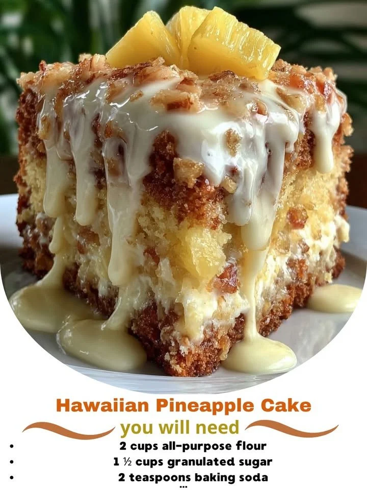 Delicious Hawaiian Pineapple Cake topped with fresh pineapple and whipped cream