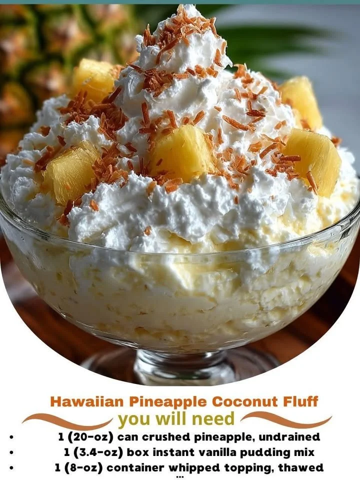 A bowl of Hawaiian Pineapple Coconut Fluff dessert with fresh pineapple and coconut flakes